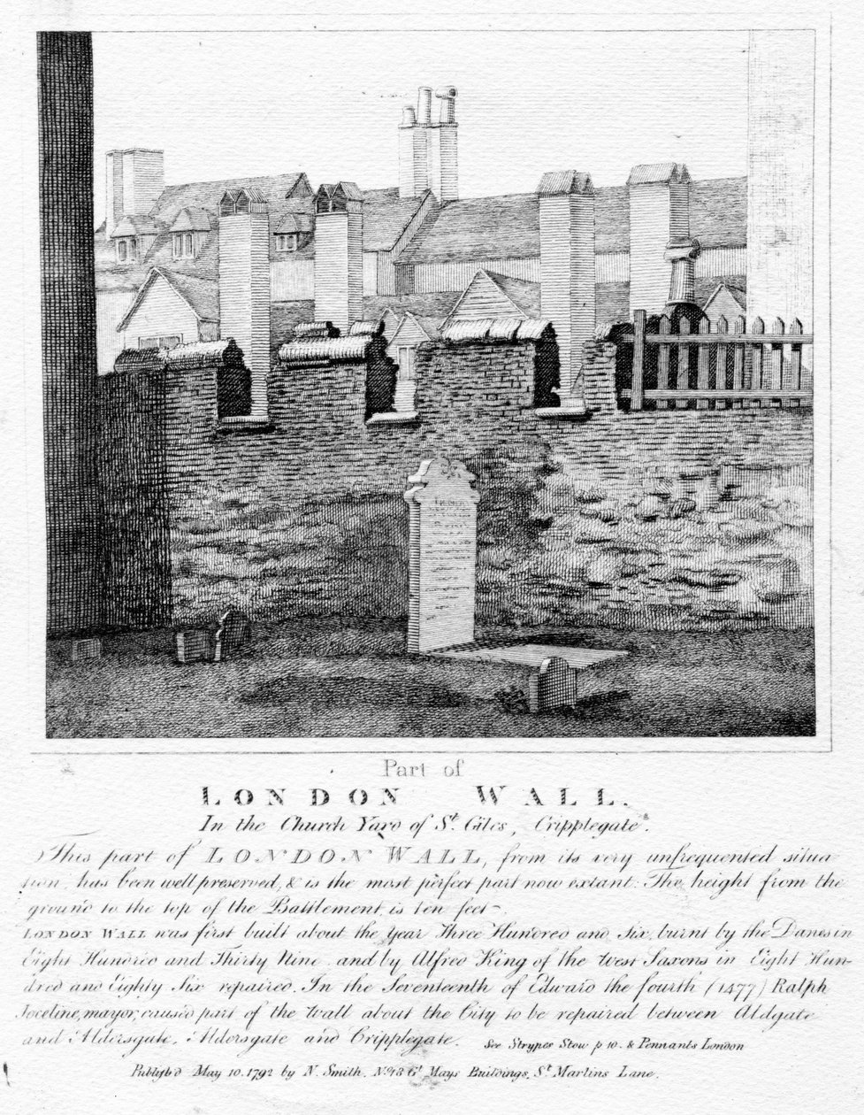 Teil der Londoner Mauer, im Kirchhof von St. Giles, Cripplegate, veröffentlicht 1792 von English School