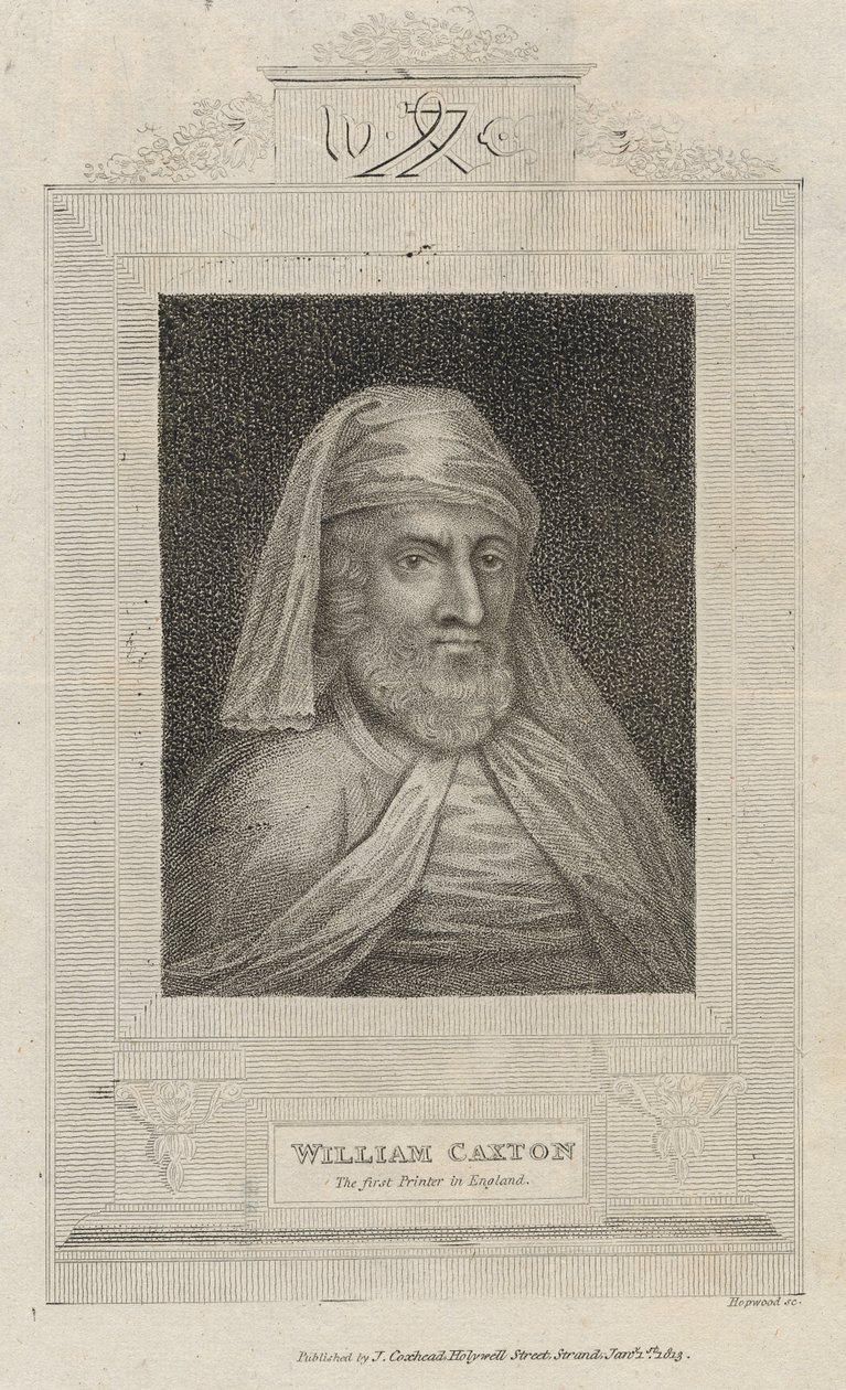 Porträt von William Caxton (ca. 1422-91) und sein Druckerzeichen von English School