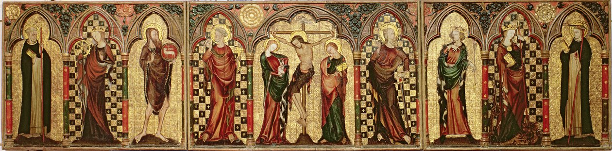 Retabel, das die Kreuzigung mit acht Heiligen darstellt, ca. 1300 von English School