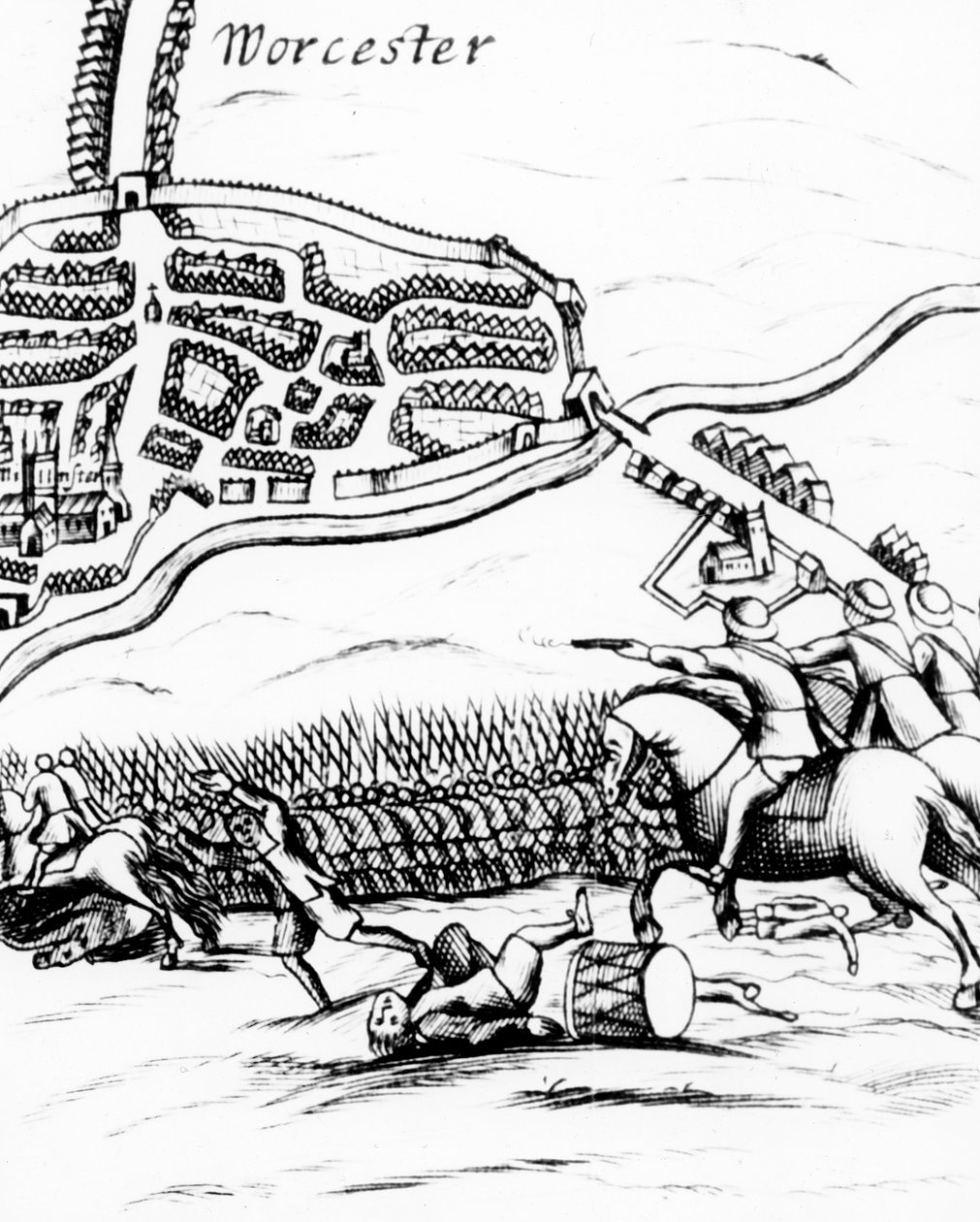 Die Schlacht von Worcester am 3. September 1651, veröffentlicht in einem Flugblatt von 1660 von English School