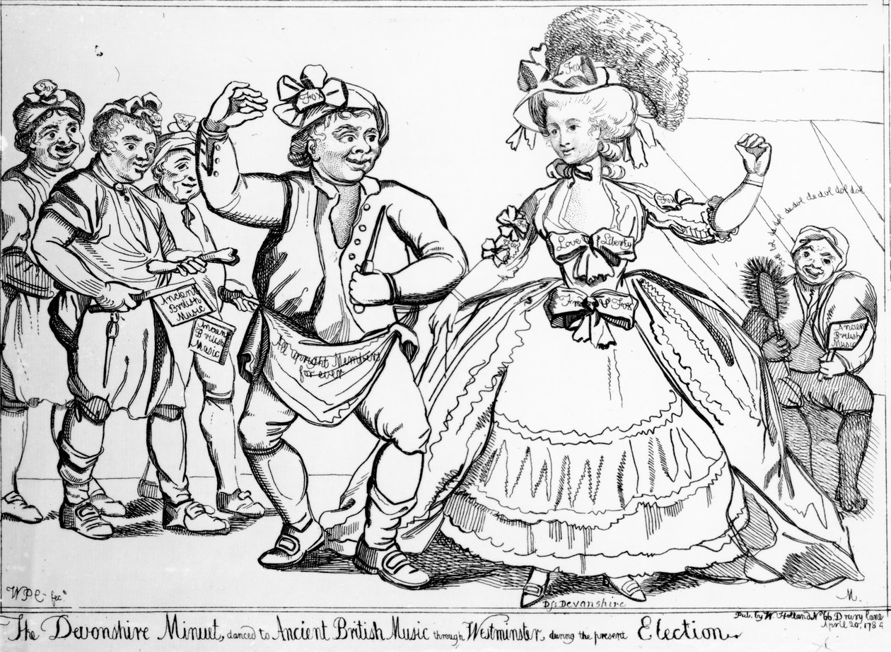 Der Devonshire Menuett, getanzt zu antiker britischer Musik durch Westminster während der Wahl, Druck von William Paulet Carey von English School