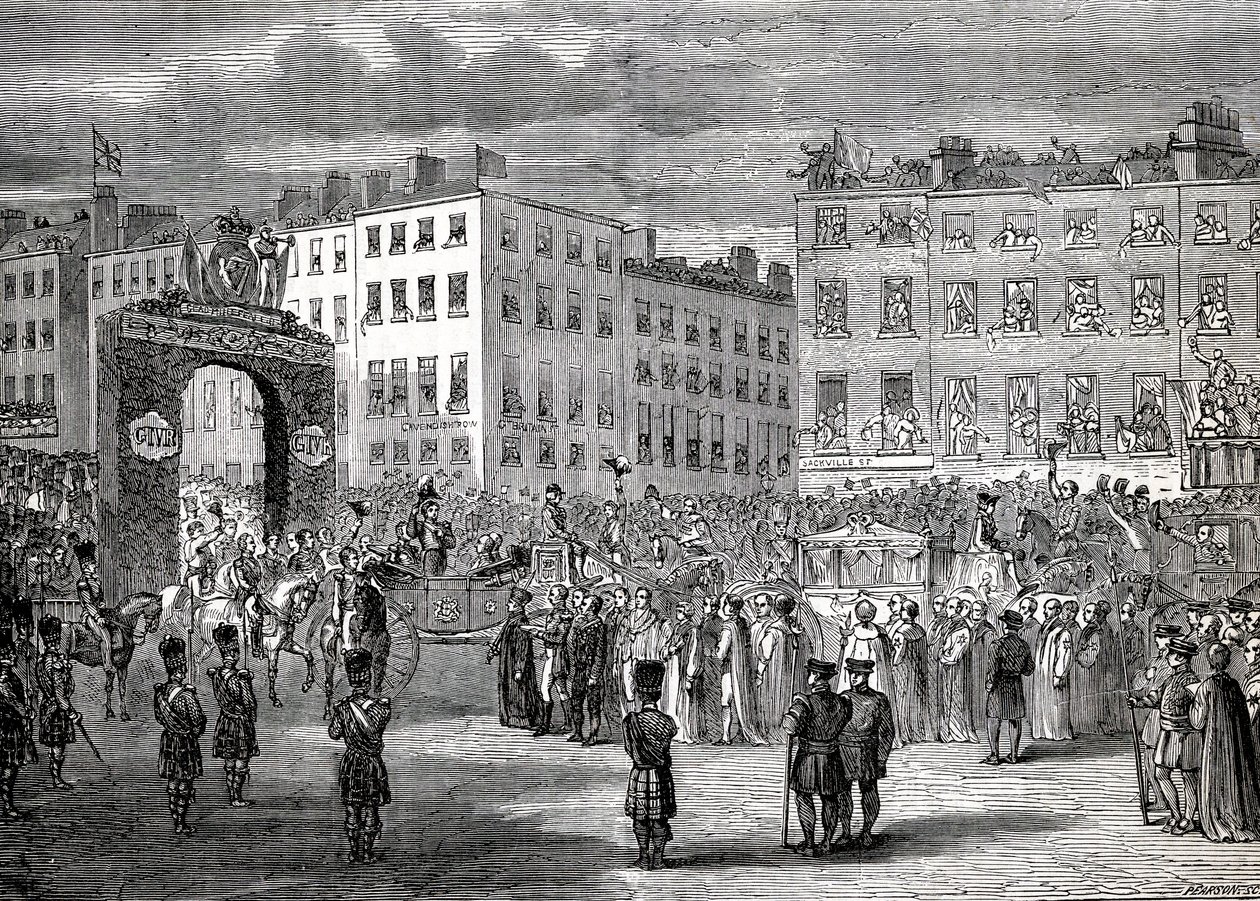 Der Einzug von Georg IV. (1762-1830) in Dublin, 3. September 1821, graviert von Pearson von English School
