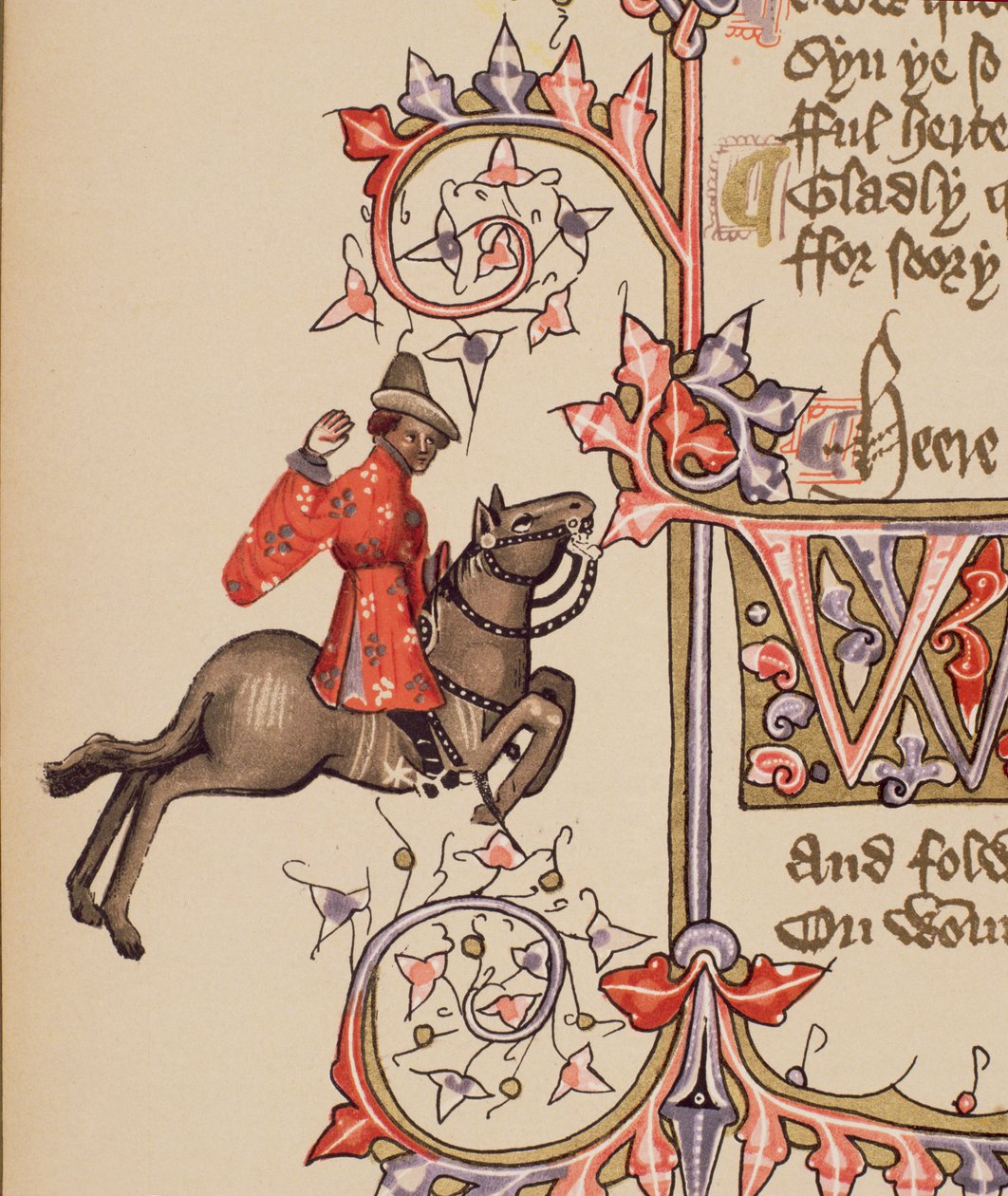 Der Kaufmann, Detail aus den Canterbury Tales von Geoffrey Chaucer (ca. 1342-1400) Ellesmere Manuskript, Faksimile-Ausgabe, 1911 (Detail) von English School