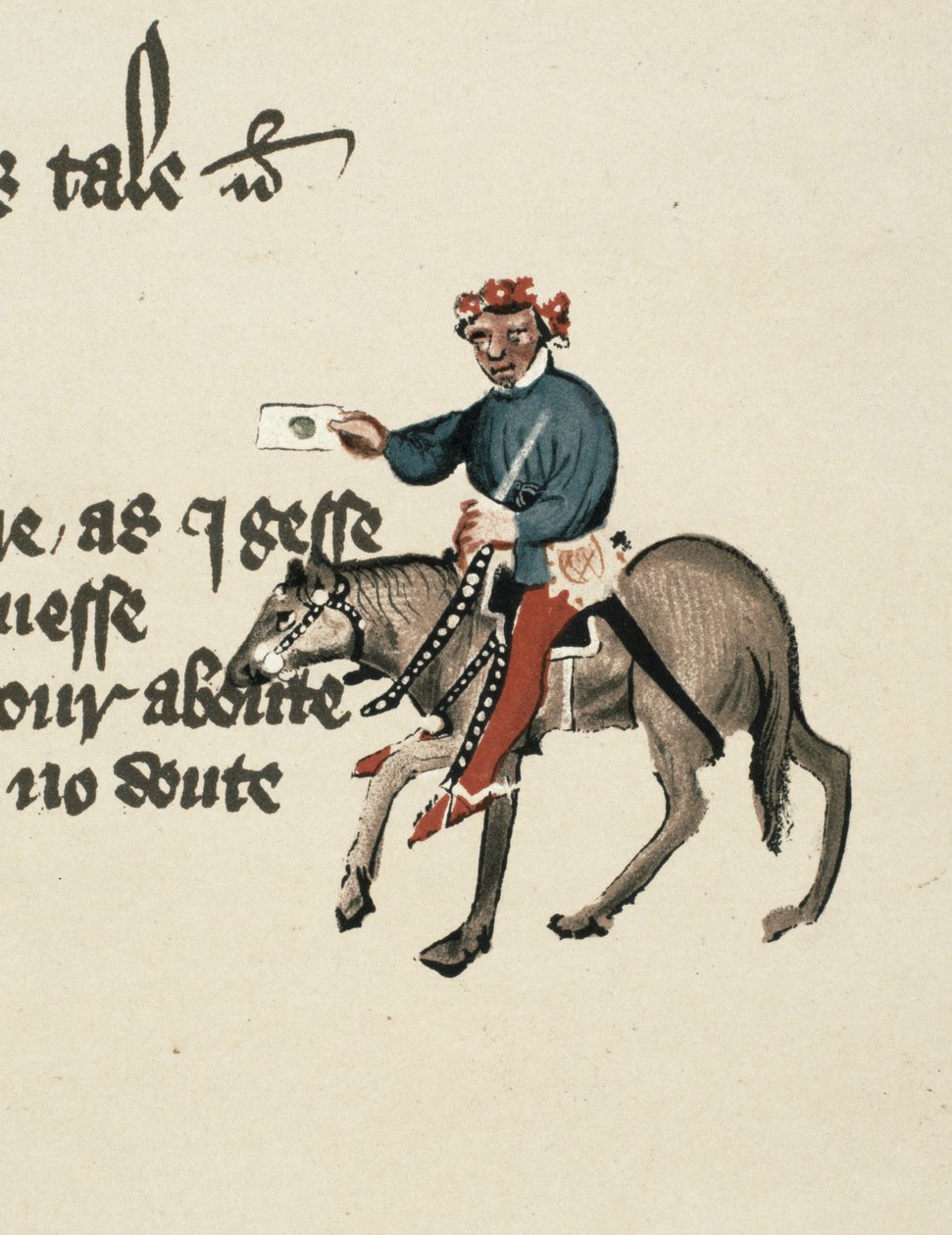 Der Summoner, Detail aus den Canterbury Tales von Geoffrey Chaucer (ca. 1342-1400) Ellesmere Manuskript, Faksimile-Ausgabe, 1911 (Detail) von English School