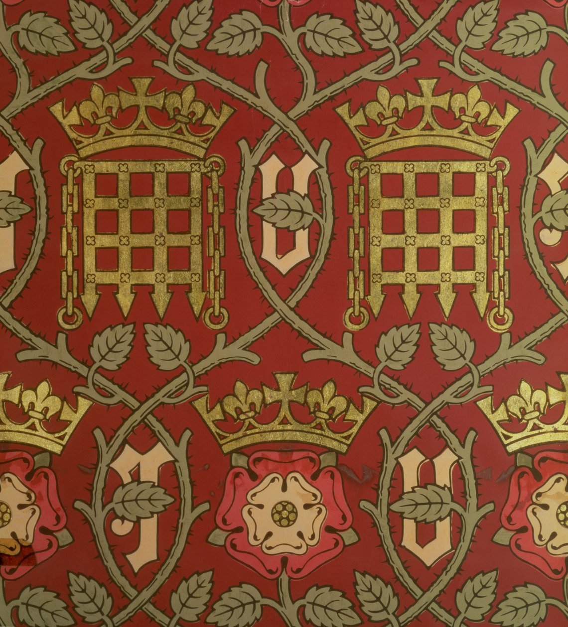 Tudor-Rose, Reproduktions-Tapete entworfen von S. Scott und produziert von Cole & Sons, nach einem Entwurf von Augustus Charles Pugin (1762-1832) für das Parlament, 1845-50 von English School