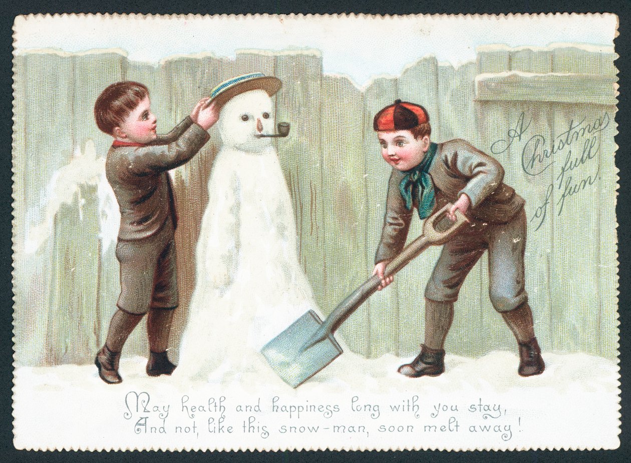 Jungen bauen Schneemann, Weihnachtskarte von English School