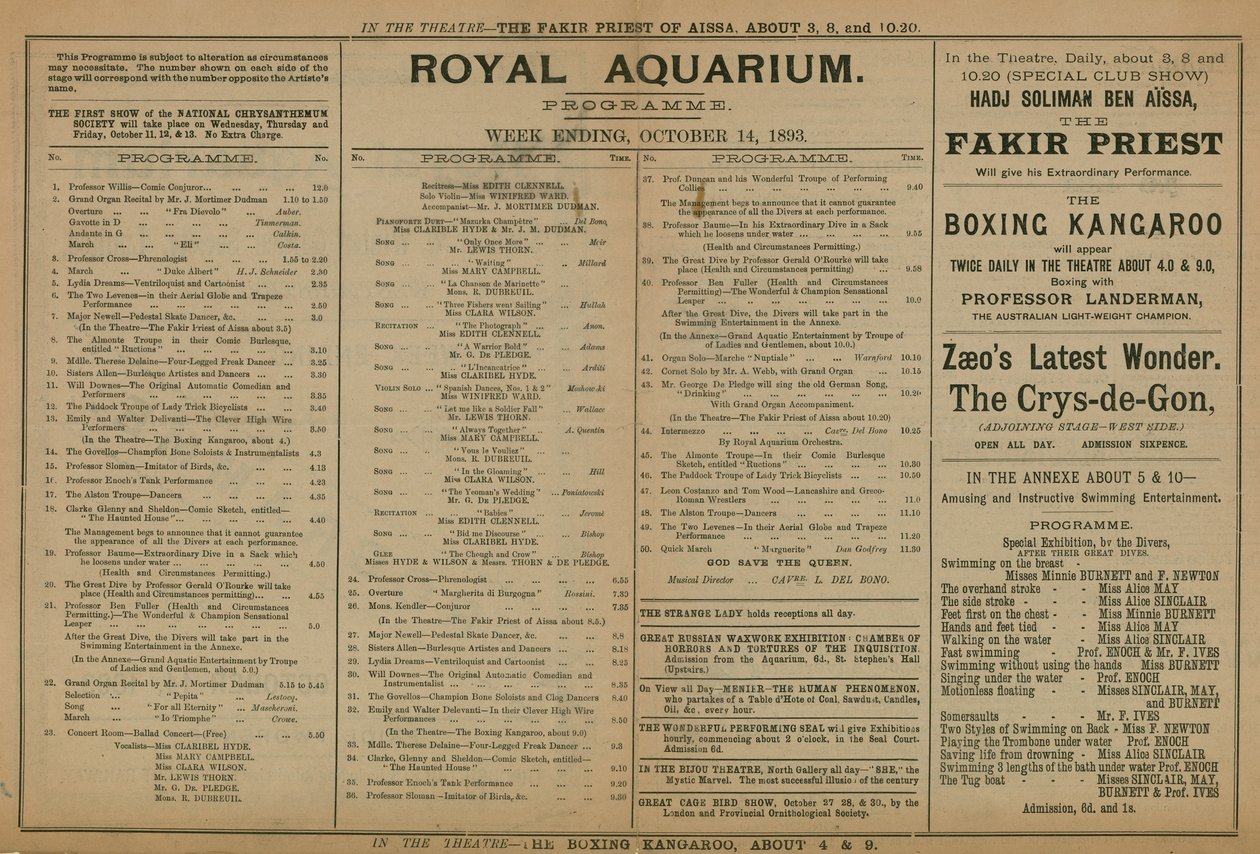 Programm der Veranstaltungen im Royal Aquarium von English School