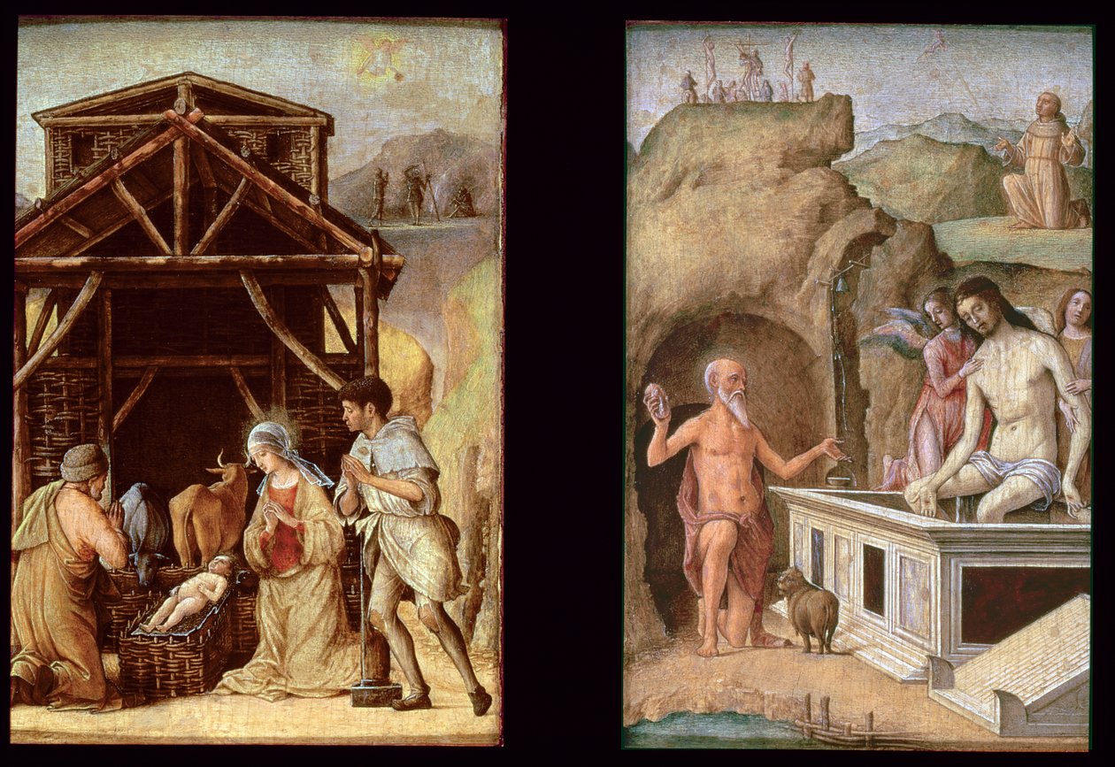 Die Anbetung der Hirten und Der tote Christus, ca. 1490 von Ercole de Roberti