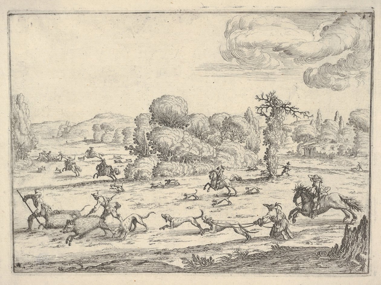 Wildschweinjagd in einer Landschaft, ca. 1620-38 von Ercole Bazicaluva