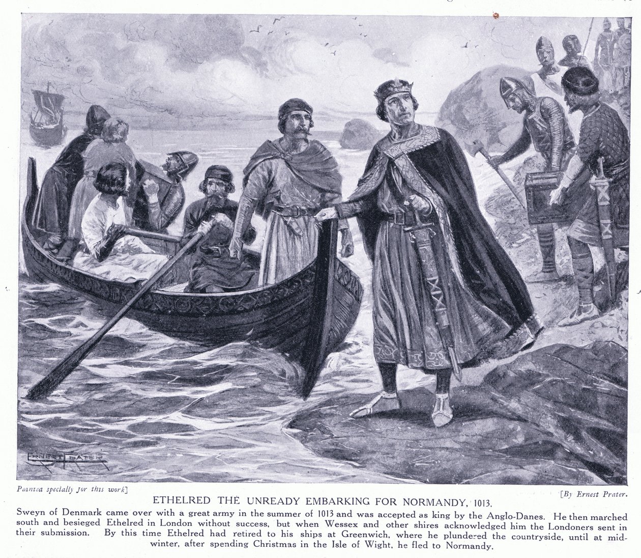 Ethelred der Unberatene, Einschiffung nach Normandie, 1013 n. Chr. von Ernest Prater