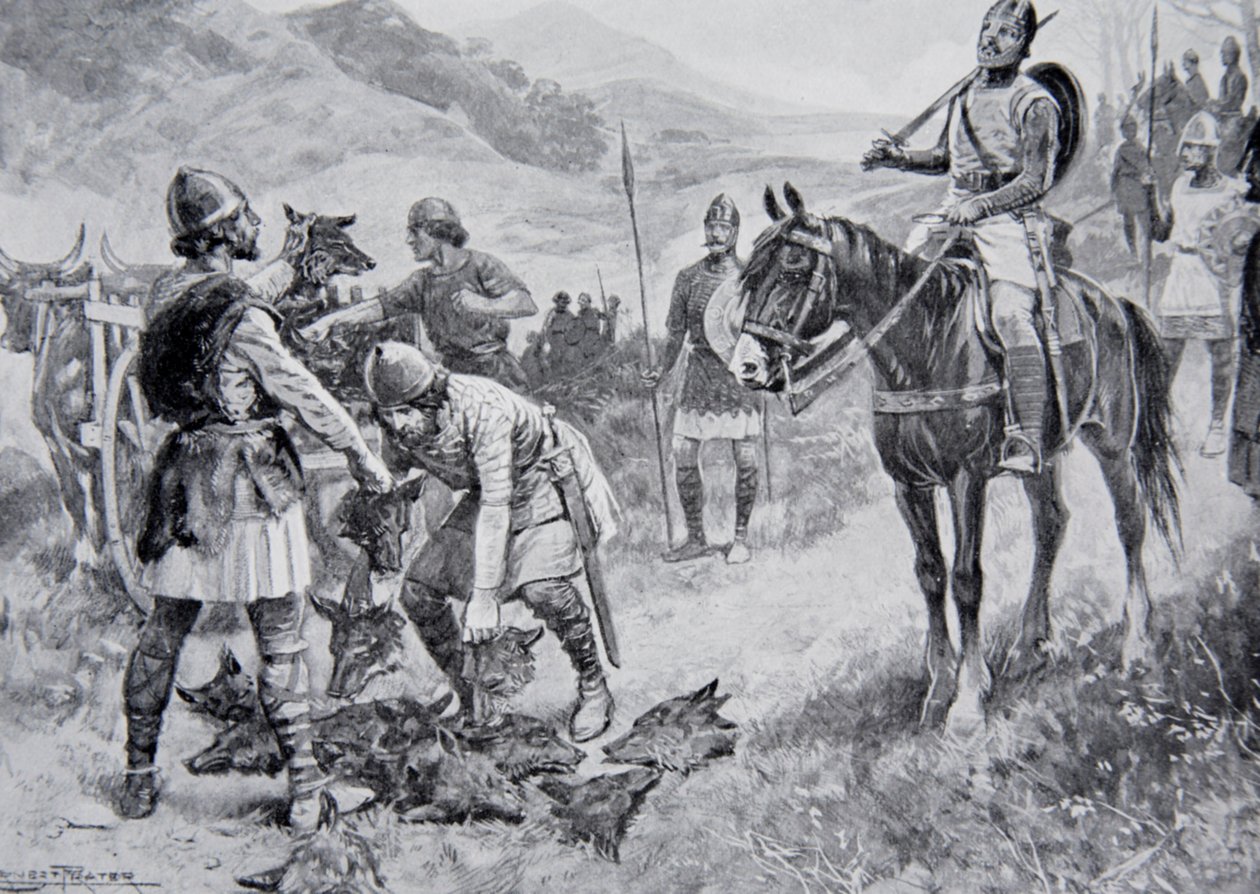 Die Waliser zahlen einen Tribut von Wolfsköpfen an Edgar, Illustration aus 