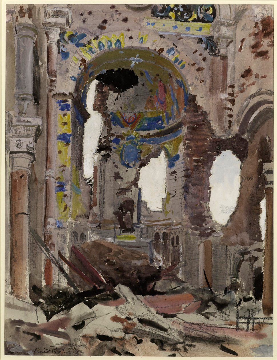 Ausgebombtes Inneres der Albert-Kirche, 1918 von Ernest Procter