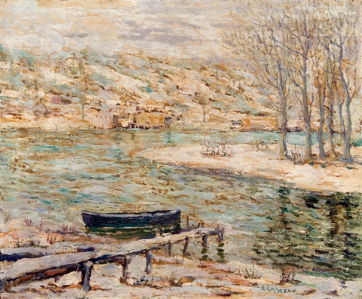 Flusslandschaft – Boot und Bäume von Ernest Lawson