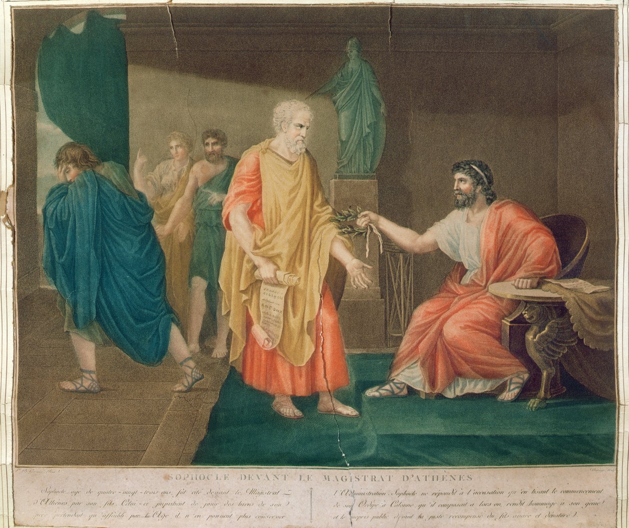 Sophokles (ca. 496-405 v. Chr.) im Alter von 83 Jahren wird vom athenischen Magistrat mit einem Olivenkranz geehrt (Farbstich) von Etienne Barthelemy Garnier