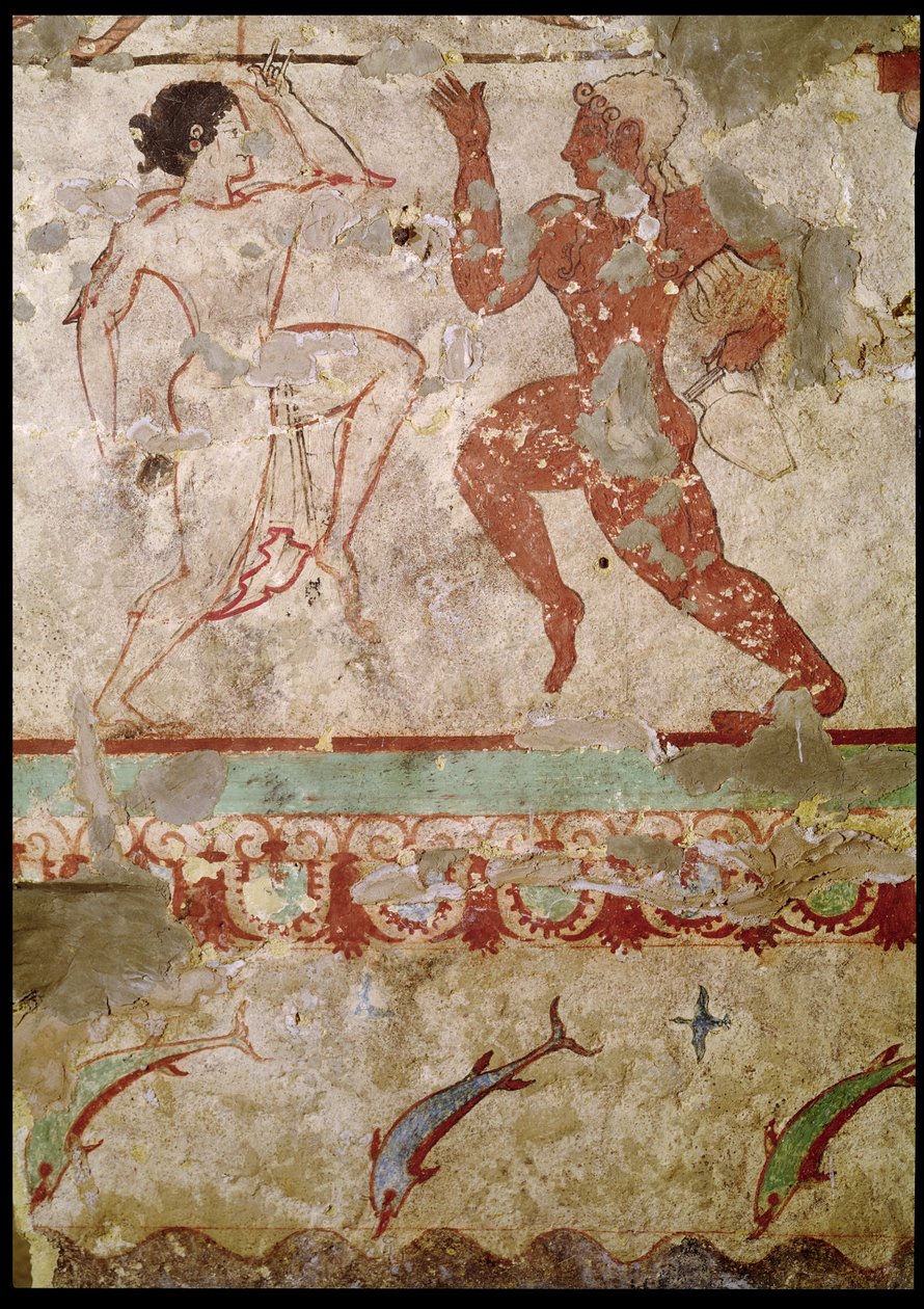 Zwei Tänzer und Delfine, die durch Wellen springen, Fries aus dem Grab der Löwinnen in der Nekropole von Etruscan