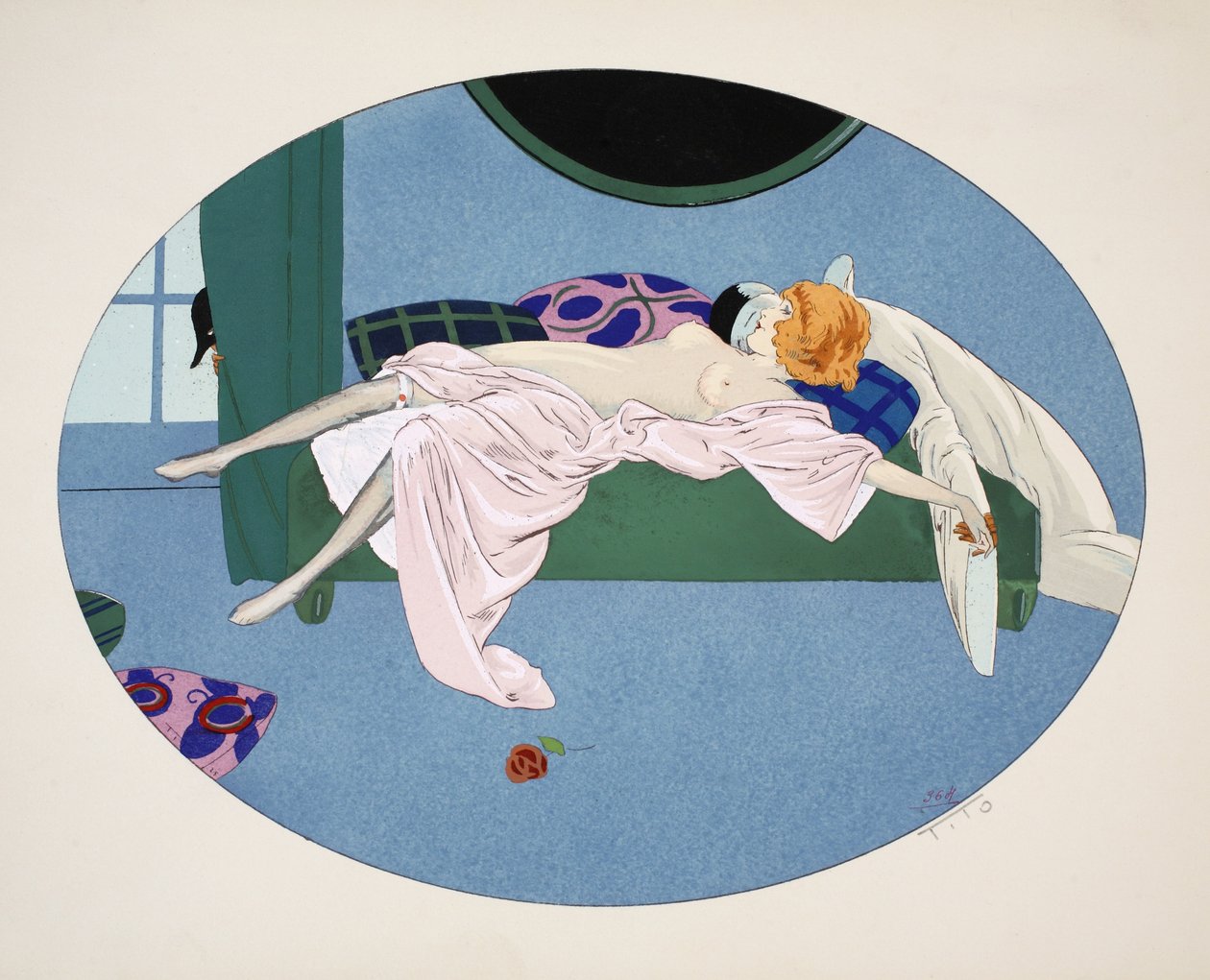 Die fünf Sinne - Das Gehör, Das Sehen, Der Geruch, Der Tastsinn und Der Geschmack, veröffentlicht Paris, 1925 (Schablonendruck) von Ettore Tito