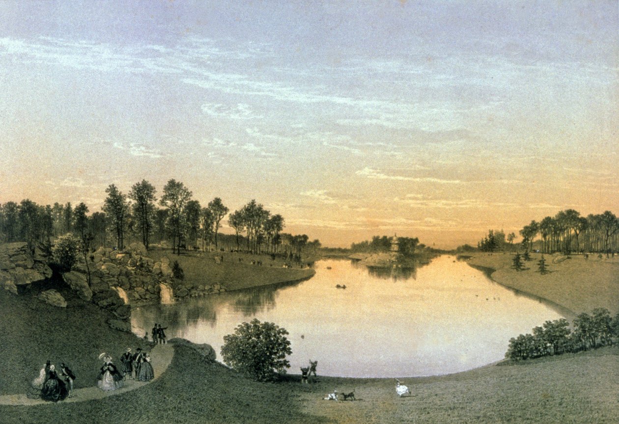 See im Bois de Boulogne, um 1860 (Gravur) von Eugene Ciceri