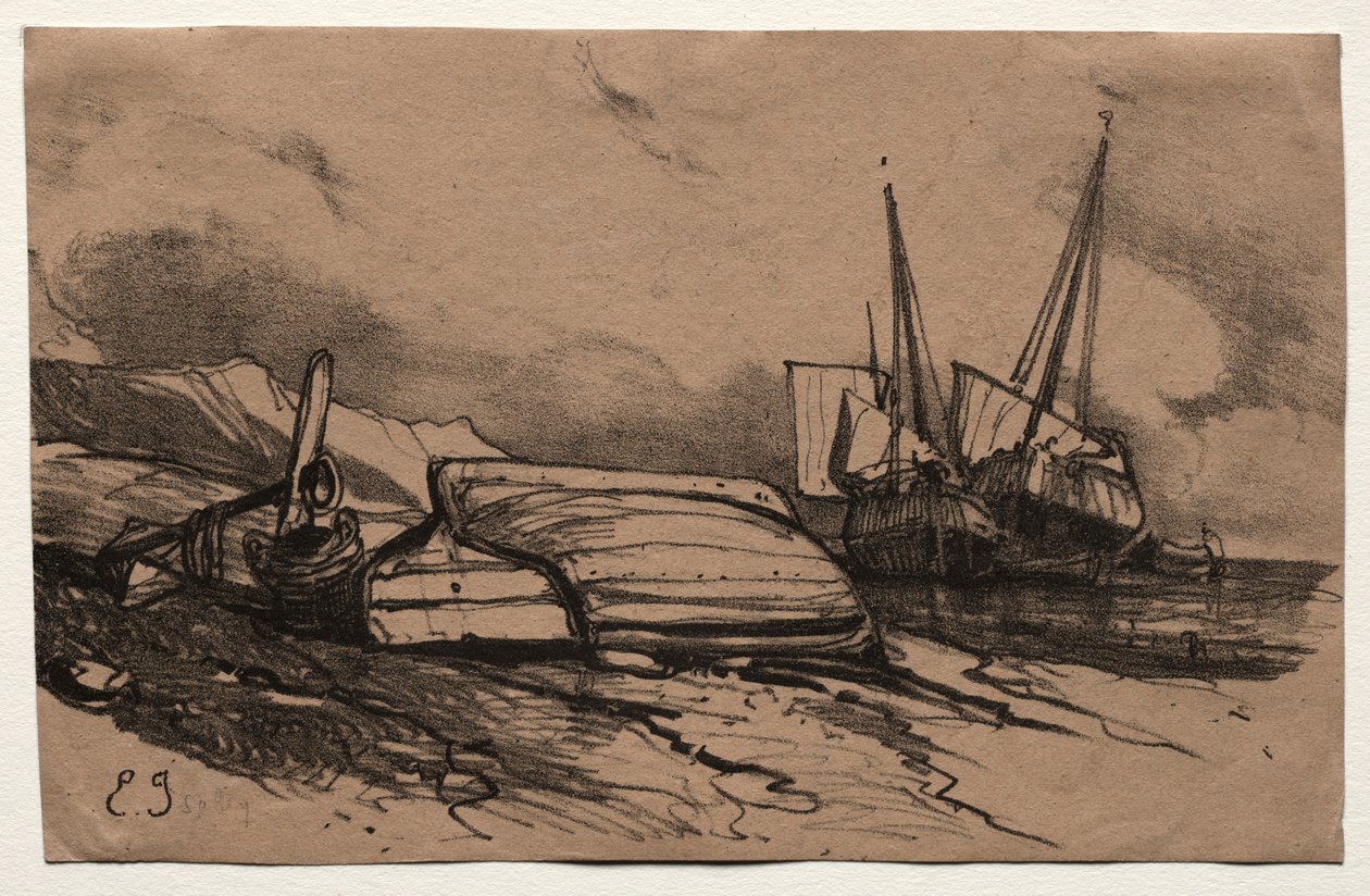 Sechs Marines: Couverture, Une Grève, 1833 von Eugene Isabey