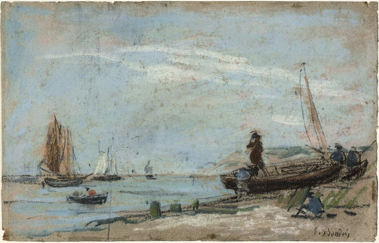 Strand mit Fischerbooten und Kohle von Eugene Louis Boudin