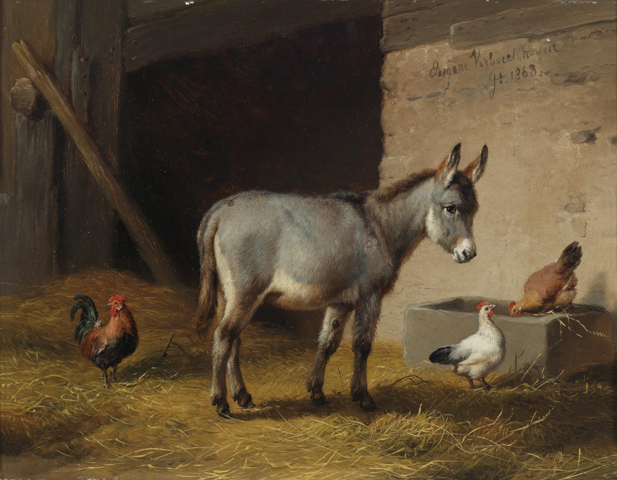 Esel und Hühner im Stall von Eugene Joseph Verboeckhoven