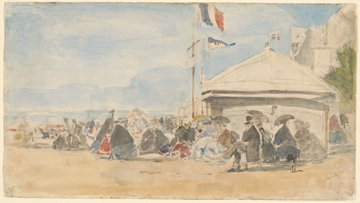 Strandhaus mit Fahnen in Trouville von Eugène Boudin