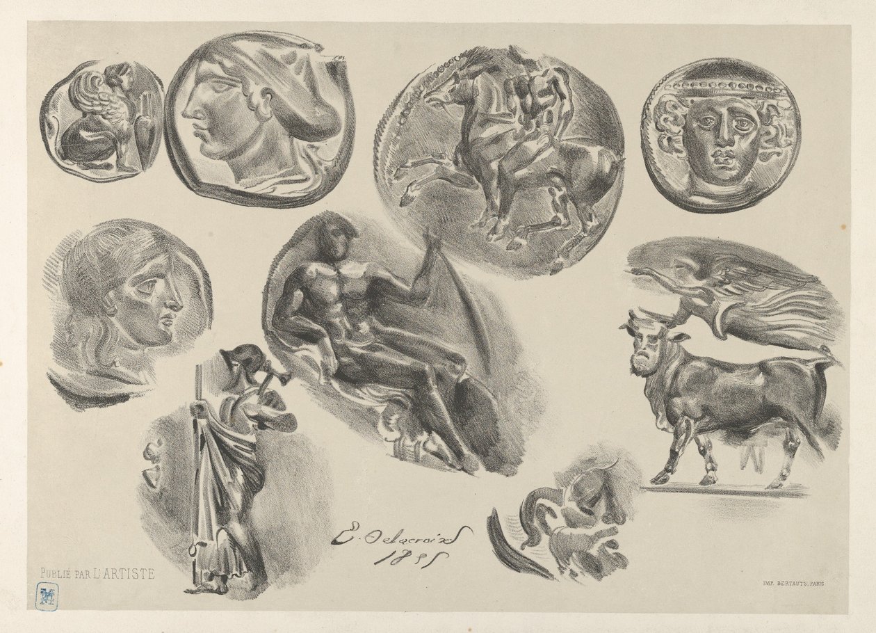 Blatt mit neun antiken Münzen von Eugène Delacroix