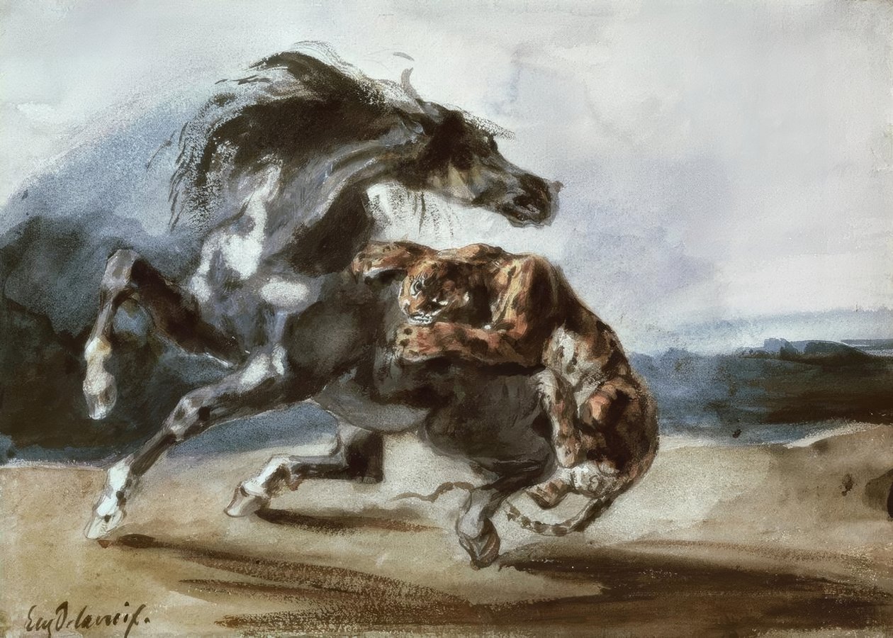 Tiger greift ein Wildpferd an von Ferdinand Victor Eugene Delacroix