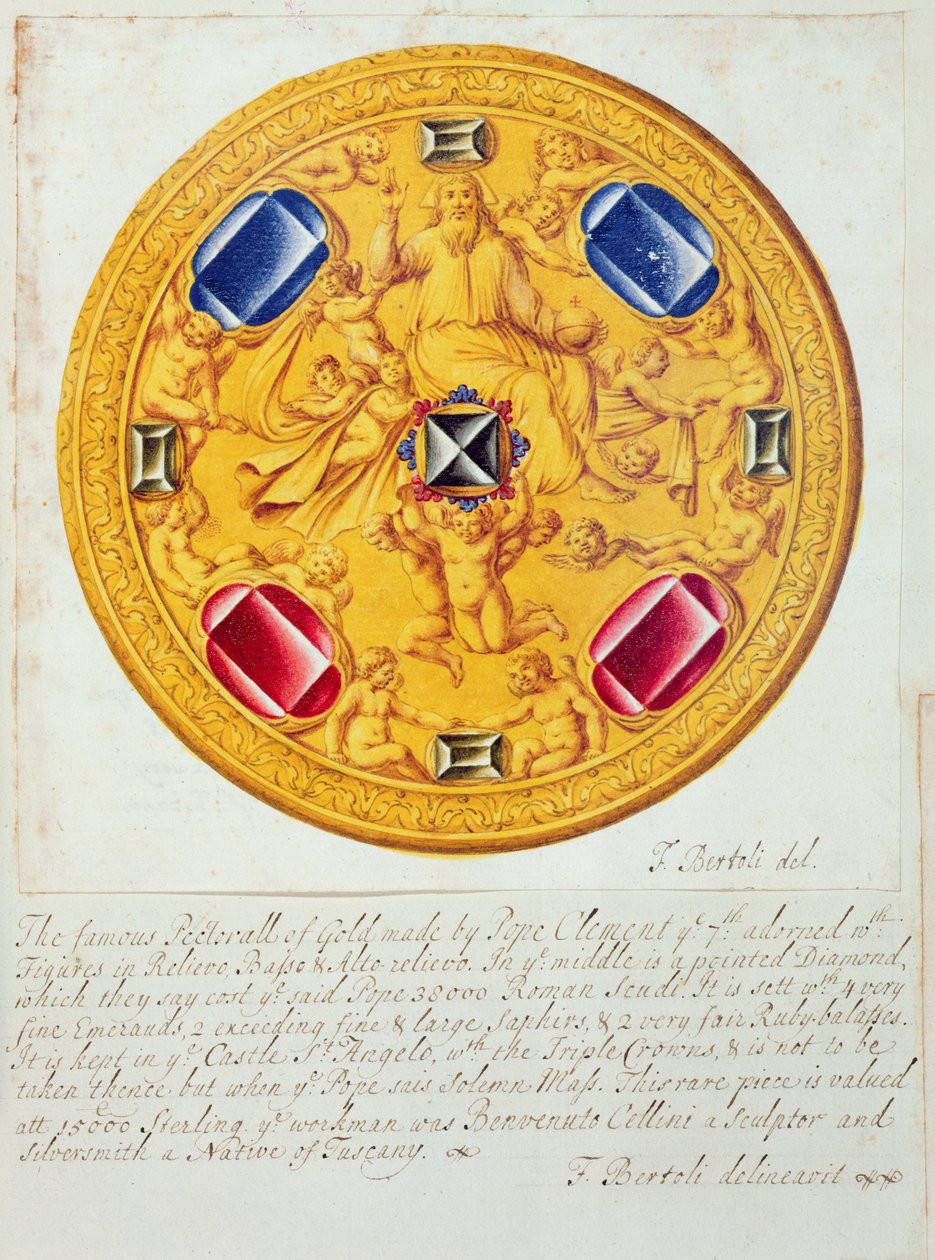 Vorderansicht eines Brustschmucks aus Gold und Edelsteinen, hergestellt für Papst Clemens VII. von Cellini, ca. 1523-34, 1729 von F. Bertoli