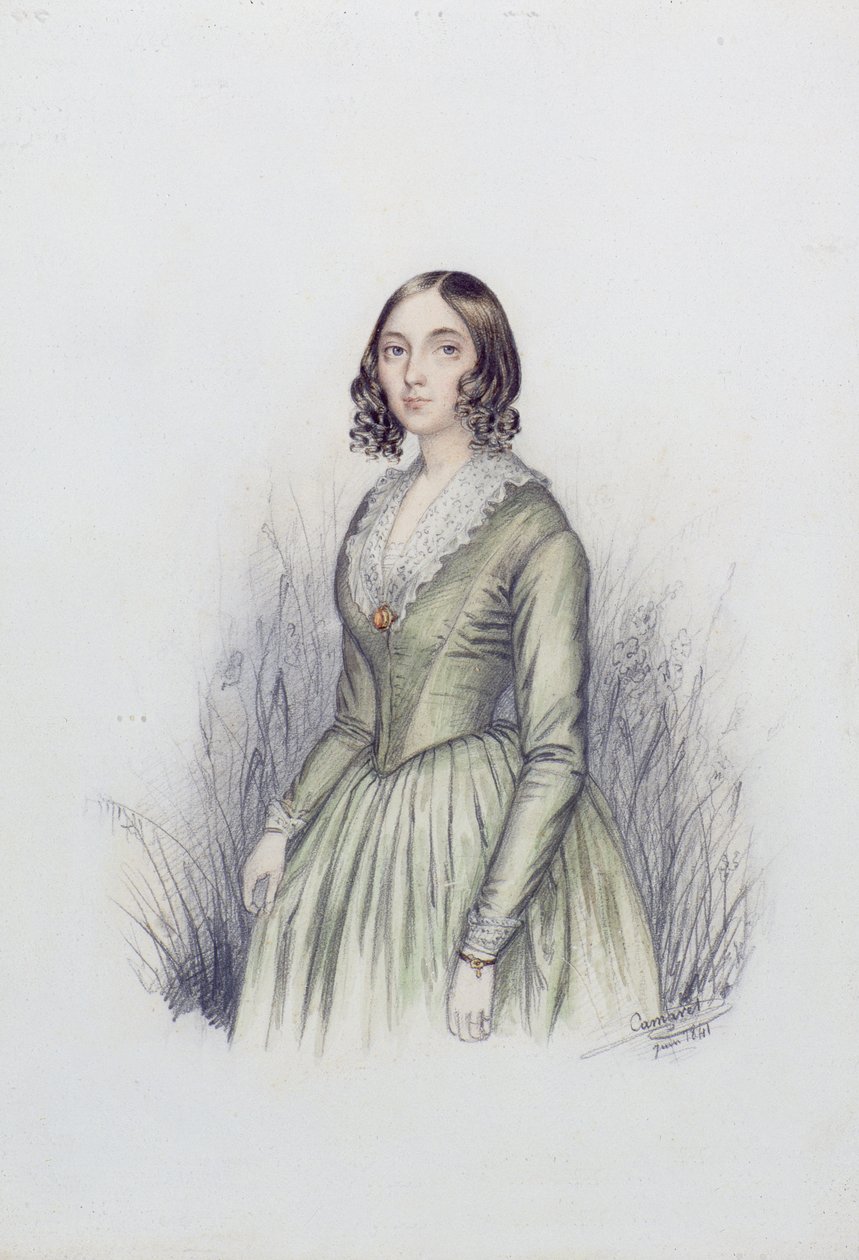 Porträt einer jungen Dame in einem grünen Kleid, 1841 von F. Camaret