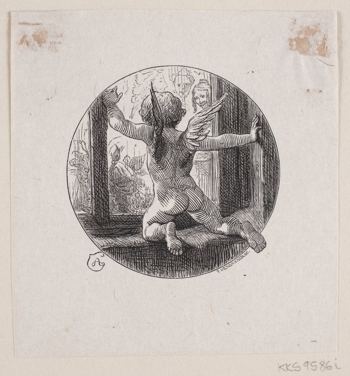 Runde Vignette mit fliegendem Engel von F. Hendriksen