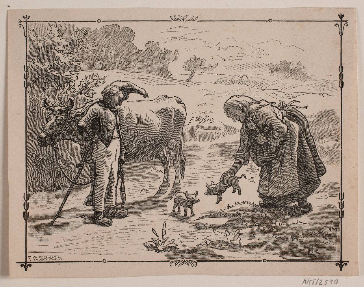 Illustration zum Volksmärchen "Drei kleine rote Schweine" von F. Hendriksen