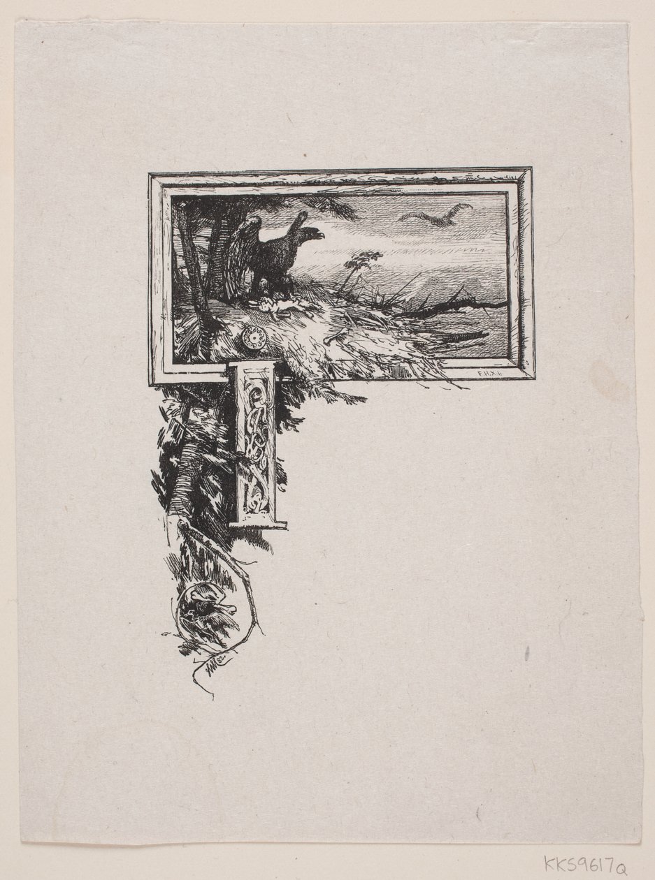 Initialvignette. "J" mit einem Adlernest von F. Hendriksen