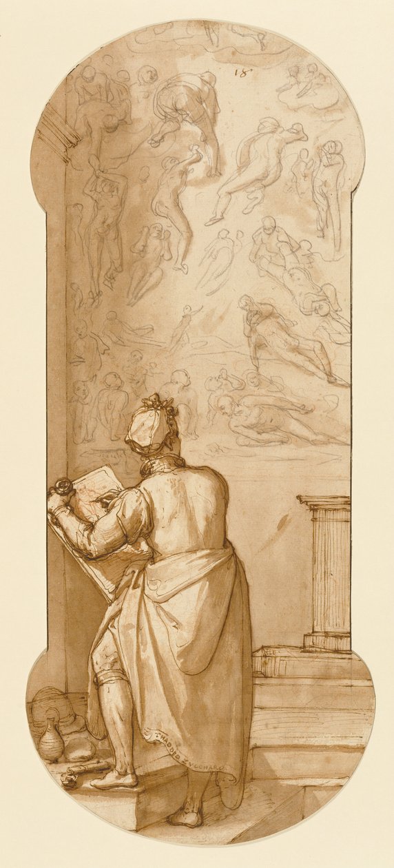 Taddeo in der Sixtinischen Kapelle, Zeichnung des Jüngsten Gerichts von Michelangelo von Federico Zuccaro