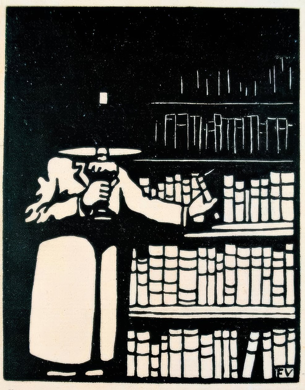 Bücherliebhaber mit Lampe in seiner Bibliothek von Felix Edouard Vallotton