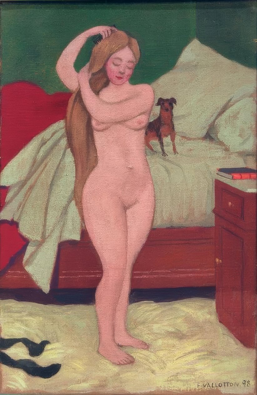 Weiblicher Akt, sich kämmend, Interieur von Felix Edouard Vallotton