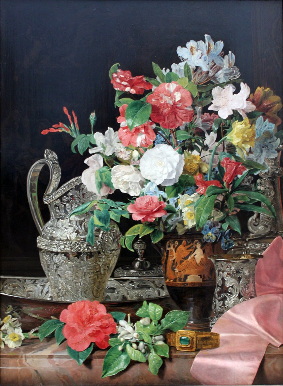 Blumenstrauß mit Silbergefäßen und antiker Vase von Ferdinand Georg Waldmuller