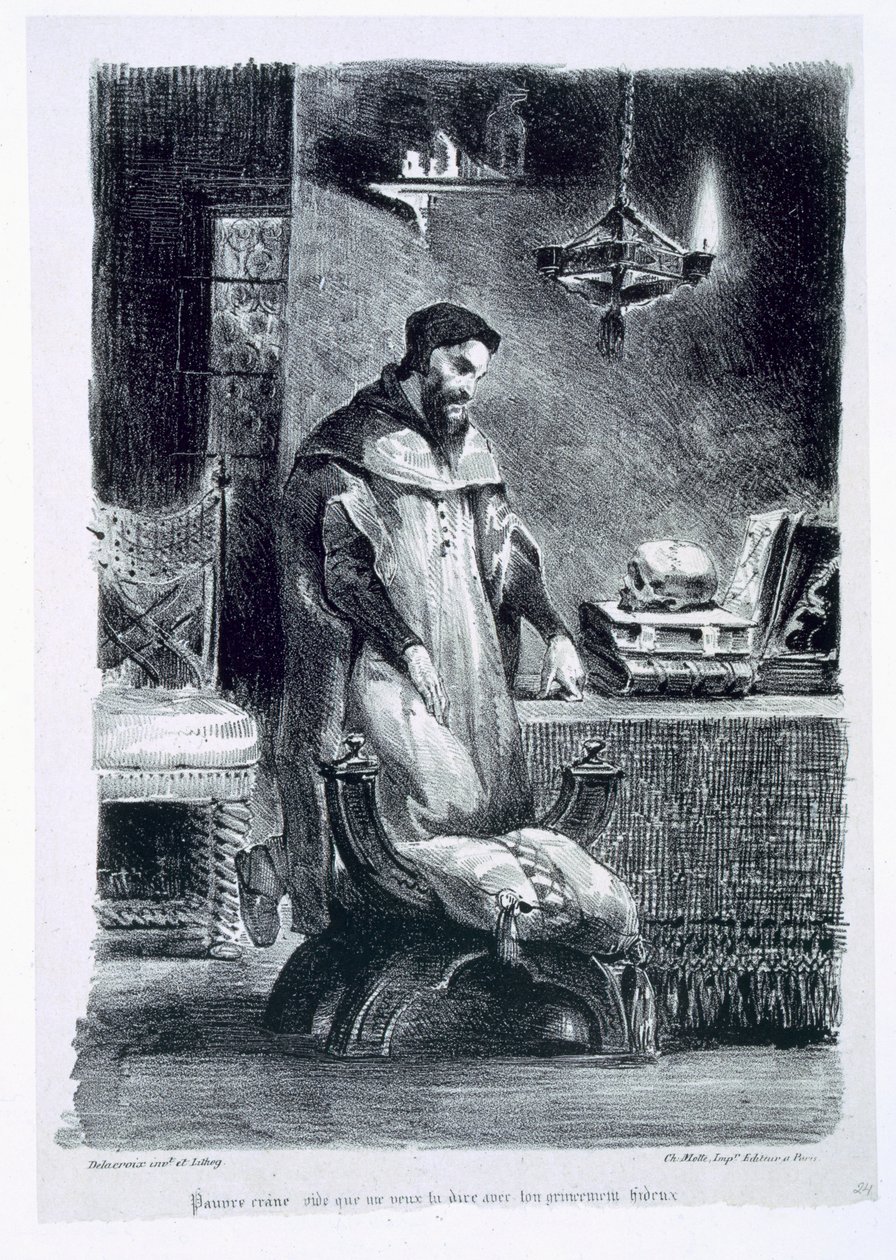 Faust in seinem Studierzimmer, aus Goethes Faust, 1828, (Illustration) von Ferdinand Victor Eugene Delacroix