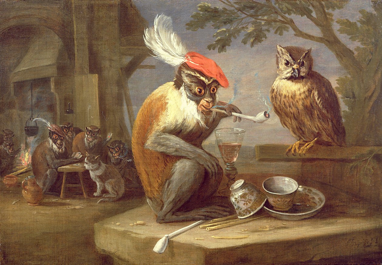 Ein Affe raucht und trinkt mit einer Eule von Ferdinand van Kessel