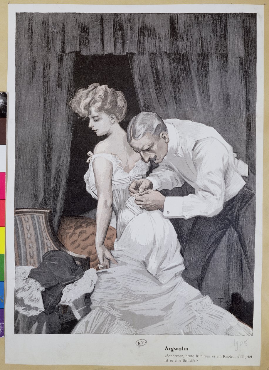 Misstrauischer Ehemann beobachtet die Veränderung beim Binden des Korsetts seiner Frau, 1909 von Ferdinand von Reznicek