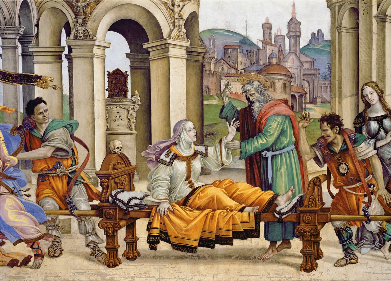 Nordwand der Strozzi-Kapelle, Die Erweckung der Drusiana durch den Hl. Johannes den Evangelisten (Detail) von Filippino Lippi