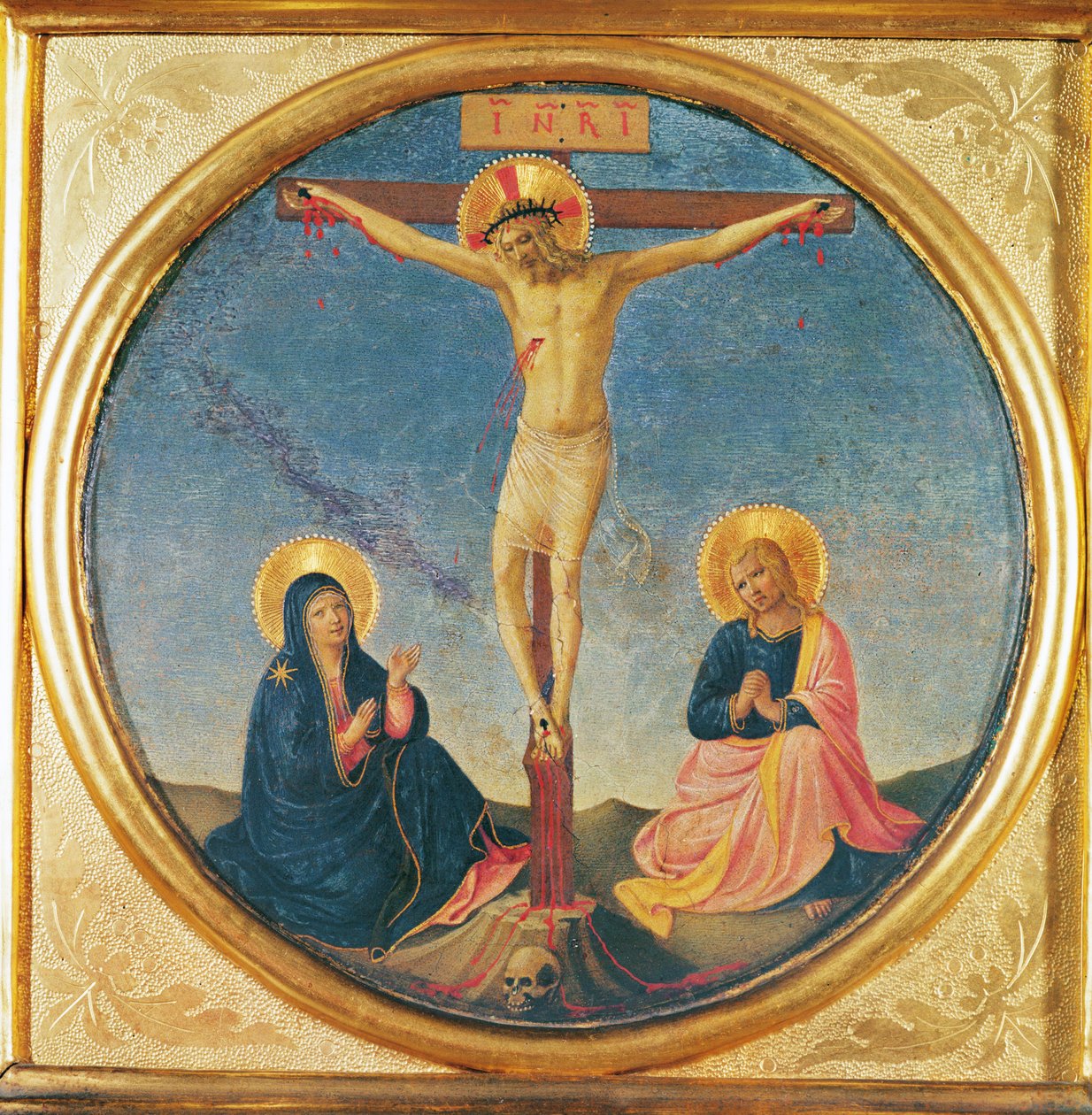 Christus zwischen der Jungfrau und dem Heiligen Johannes, oder die kleine Kreuzigung (Tondo), ca. 1395 von Fra Angelico