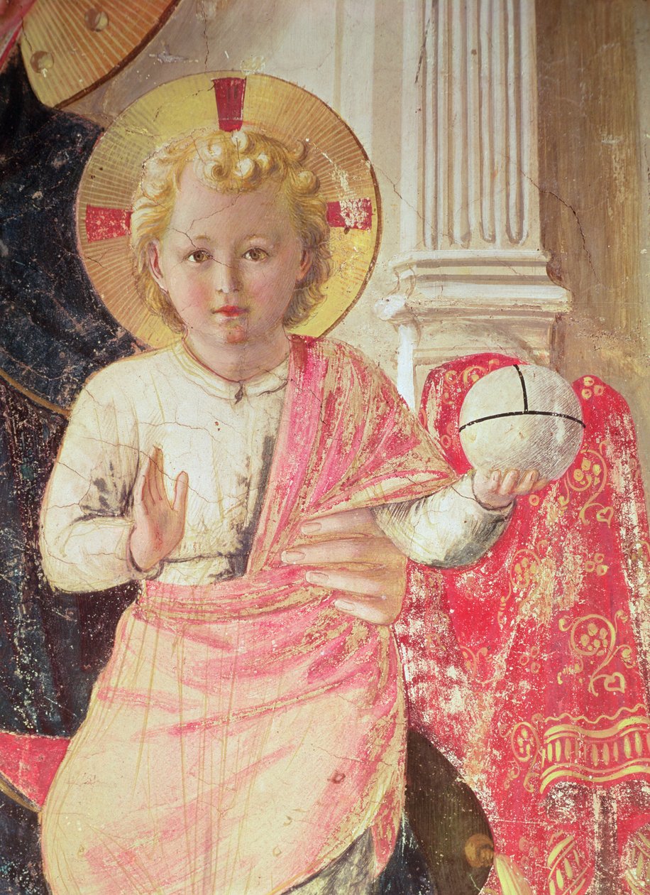 Madonna des Schattens oder Jungfrau und Kind zwischen den Heiligen Dominikus, Cosmas, Damian, Markus, Johannes der Evangelist, Thomas von Aquin, Laurentius und Pierre der Märtyrer (von links nach rechts) (Detail) von Fra Angelico