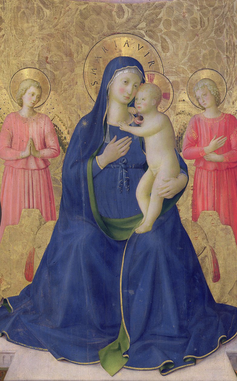 Das Bosco ai Frati Altarbild: Die Jungfrau und das Kind auf dem Thron mit zwei Engeln, 1452 (Detail) von Fra Angelico