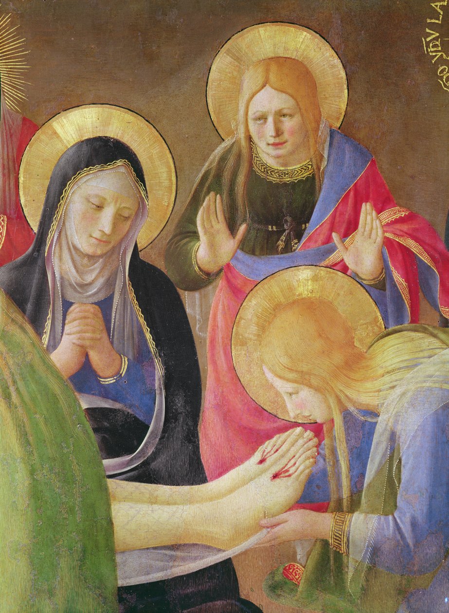 Die Beweinung Christi (Detail von Maria Magdalena, die Christi Füße küsst) von Fra Angelico