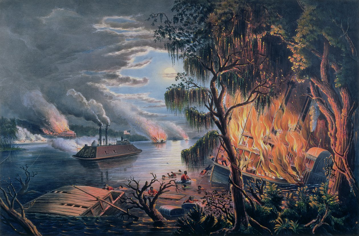 Der Mississippi in Kriegszeiten, veröffentlicht von Currier und Ives, New York, 1865 von Frances Flora Bond Palmer