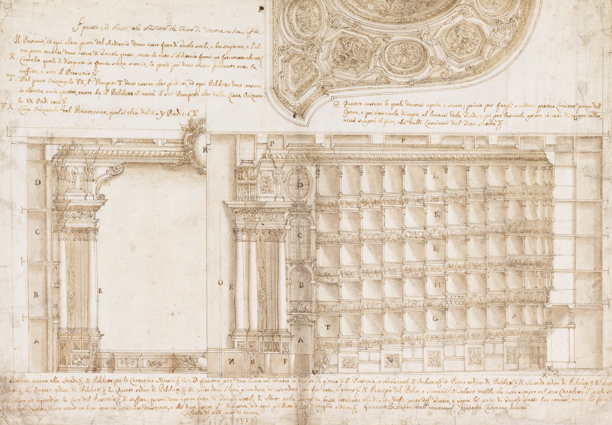 Teatro Filarmonico, Accademia Filarmonica, Verona, Italien - Schnitt und Decke von Francesco Galli Bibiena