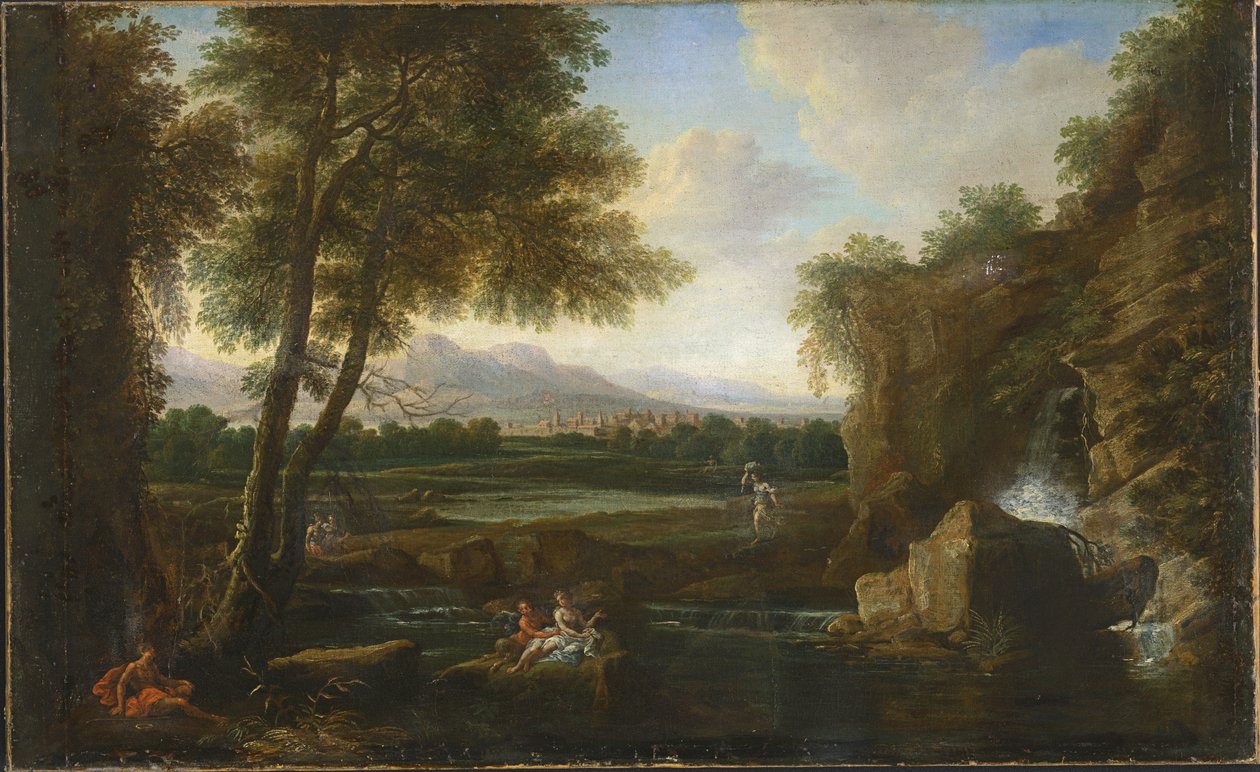 Klassische Landschaft mit kleinem Wasserfall und Dorf von Francesco Zuccarelli