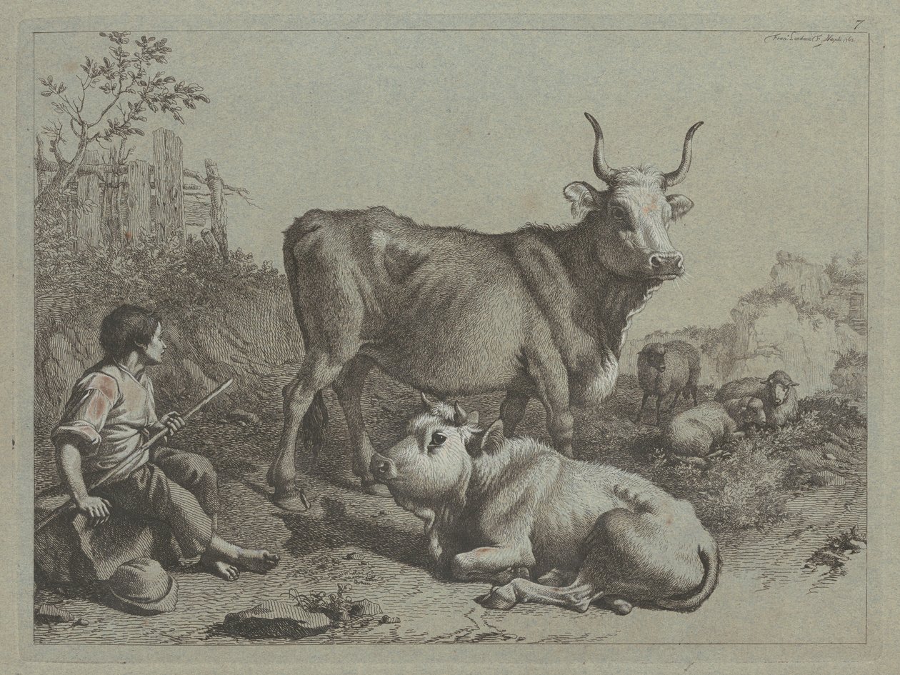 Sitzender Hirte mit einem Stier und einem Ochsen von Francesco Londonio