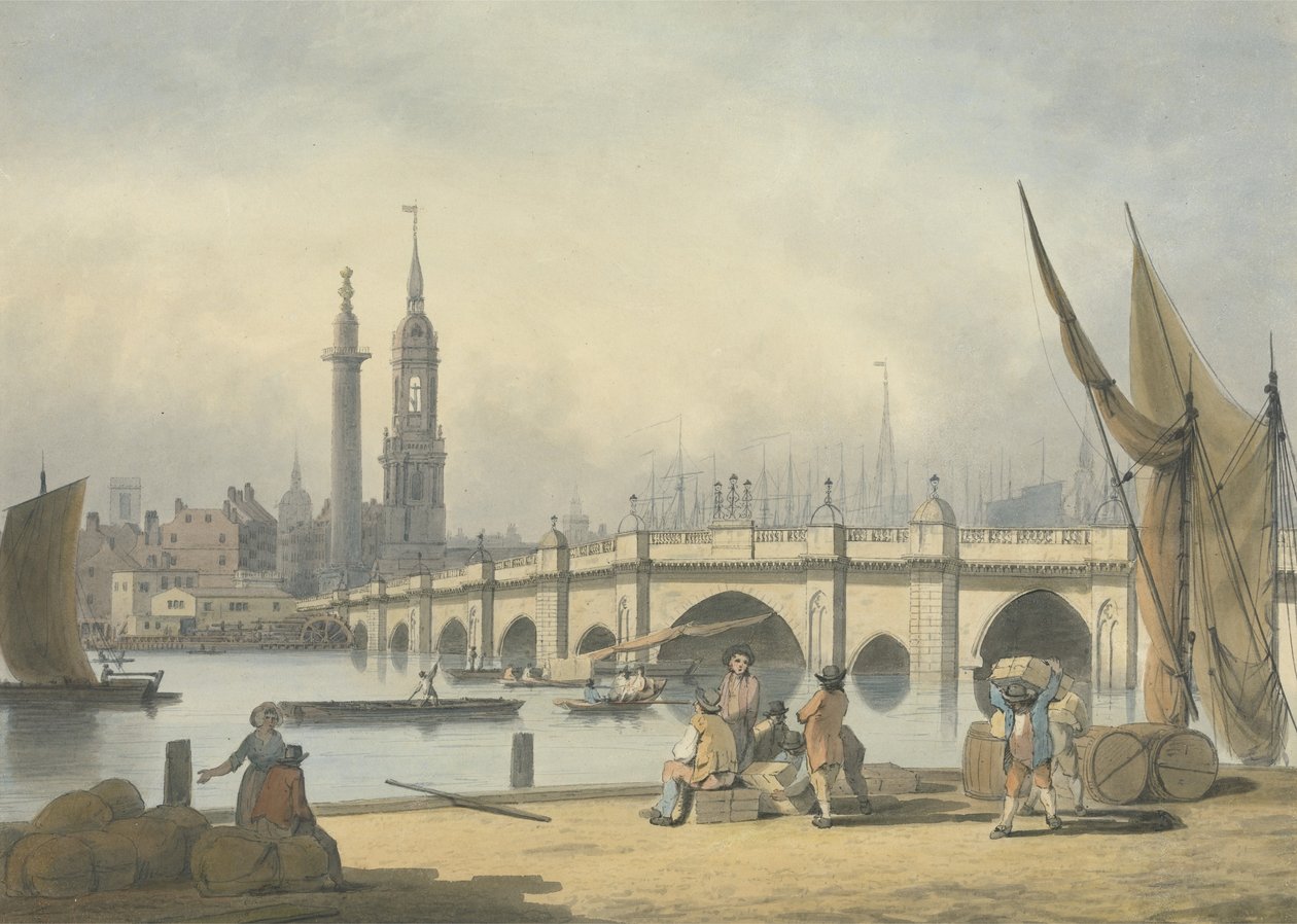 London Bridge und das Monument, um 1795 von Francis Nicholson