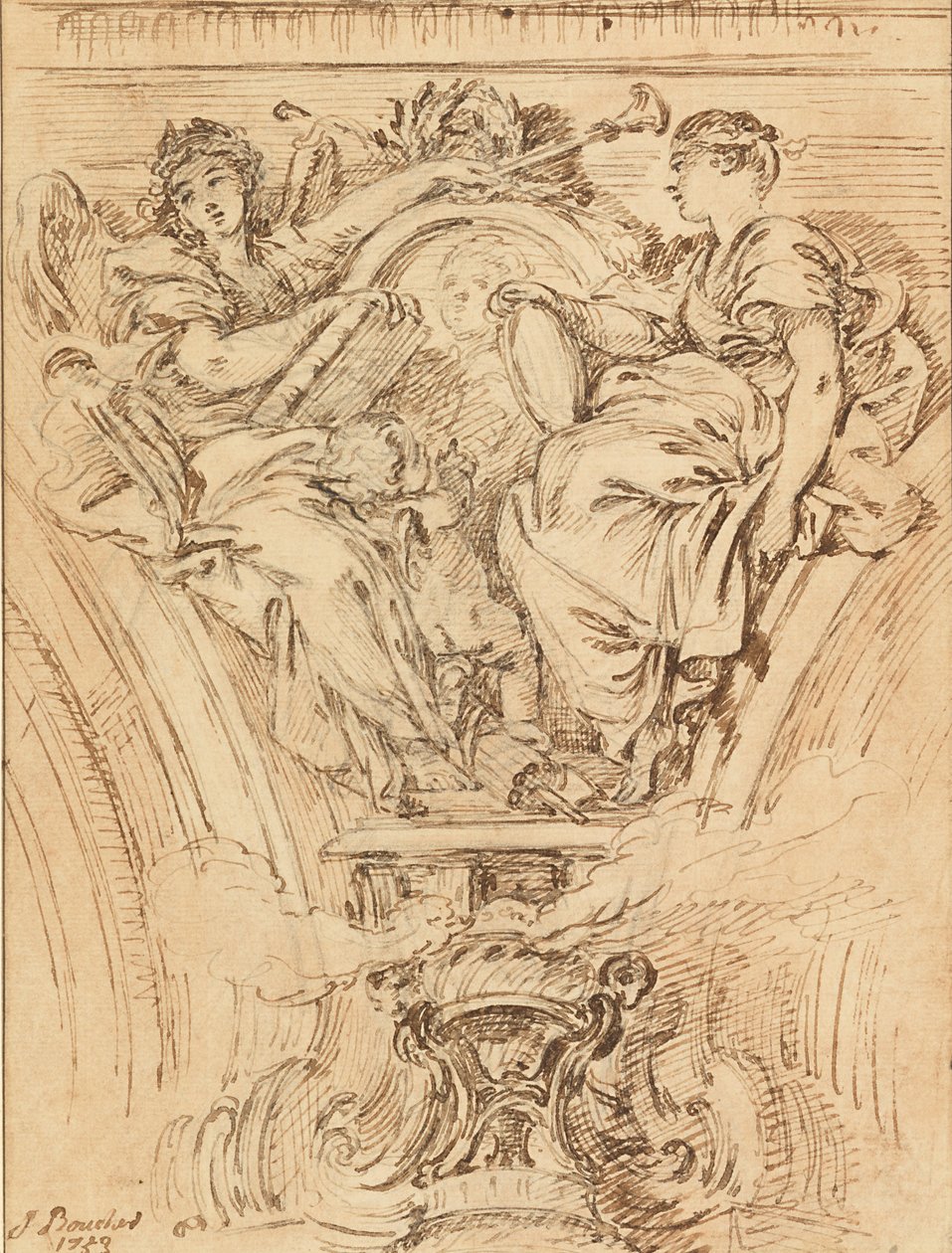 Spandrendekoration - Ruhm und Wahrheit applaudieren Ludwig XV. von François Boucher